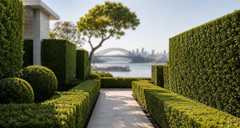 Manicured Sydney garden with clipped hedges, topiary and the Harbour Bridge in the background